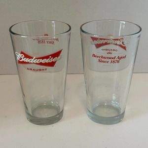 Budweiser Pint Beer 16 oz w/Classic Bowtie Logo Glass Tumbler 2 sided Set of 2.